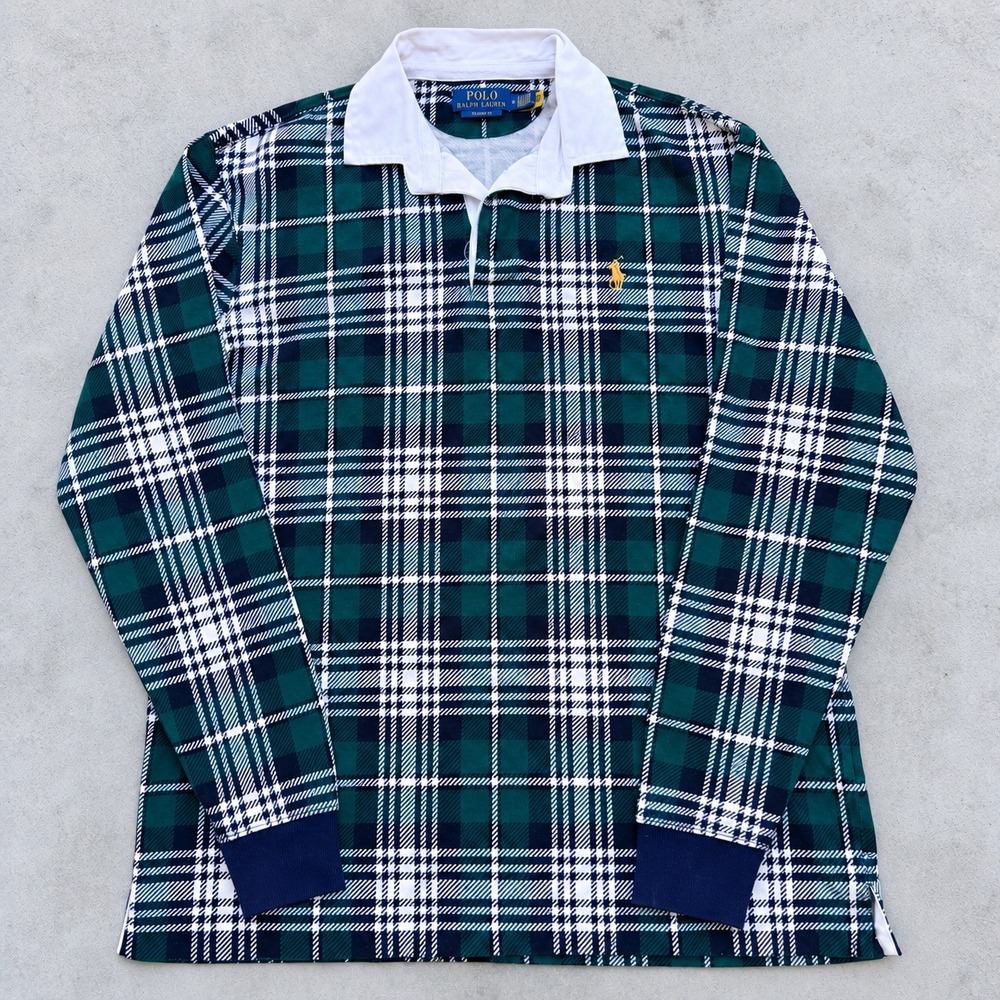 Polo Ralph Lauren Mens Green Plaid Long Sleeve Rugby Shirt Classic Fit Medium